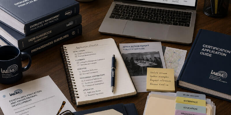 desk filled with papers and certificates